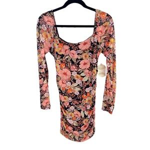 NWT Altar'd State Ruched Floral 70’s Inspired Dress Black/Peach SZ M